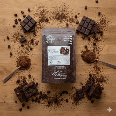 Death by Chocolate Flavored coffee bag surrounded by chocolate, coffee beans  and brownies